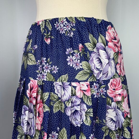 Vintage Pleated Skirt Womens Size 12 Navy Blue Rose Floral A Line Knee Length - Picture 2 of 14